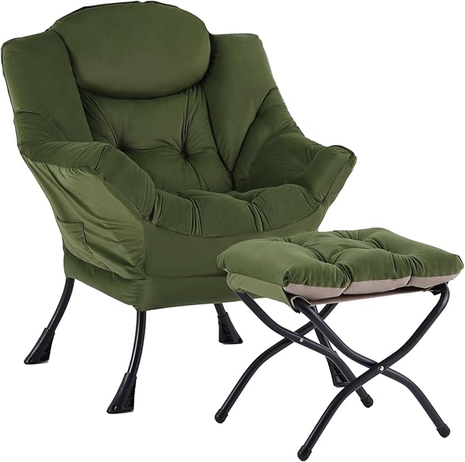 Welnow Lazy Chair with Ottoman, Modern Reading Lounge Accent Chair with Armrests and a Side Pocket, Leisure Upholstered Lazy Sofa Set with Footrest for Small Space, Army Green