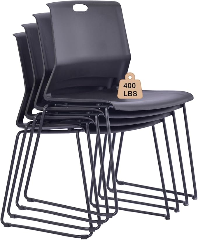 Black Stacking Chairs Set of 4, Modern Stackable Office Chairs with Wide Plastic Seat & Metal Sled Base for Waiting Room Break Room Conference Church Banquet Lobby