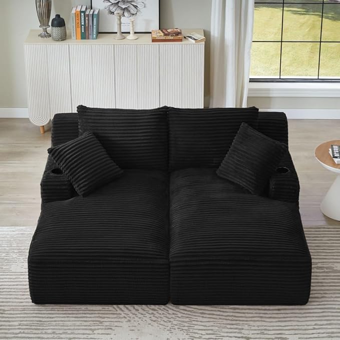 71" Oversized Double Chaise Lounge Sofa Indoor Boneless Sleeper Daybed, Fluffy Corduroy Upholstered Compressed Cloud Couch Loveseat Sofabed, Floor Chair w/Cupholders, Side Pockets for Living Room