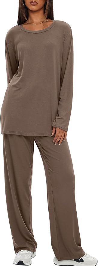 Darong Women's 2 Piece Lounge Set Casual Long Sleeve Crew Neck Tops Wide Leg Pants Travel Airport Outfit Matching Sets