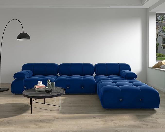 JACH 104" Modular Sectional Couch, L-Shaped Minimalist Velvet Sofas, Convertible Comfy Couch, Sectional Sofa with Reversible Chaise Ottoman for Living Room, Apartment (Blue)
