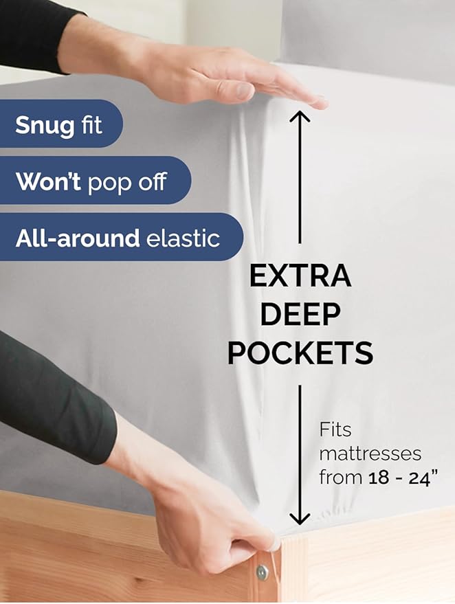 Extra Deep Pocket Cal King Sheets - 4 Piece Breathable & Cooling Bed Sheets - Hotel Luxury Bed Sheet Set - Soft, Wrinkle Free & Comfy - Easily Fits Extra Deep Mattresses - French Grey Sheets Set