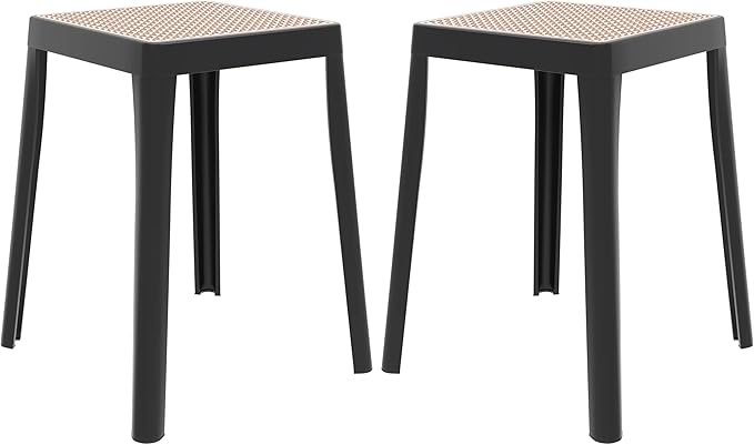 LeisureMod Tresse Mid-Century Modern Square Plastic Dining Stool Set of 2, Stackable Accent Stools with Breathable Seat, Lightweight Seating for Kitchen, Dining Room, Bedroom, or Entryway (Black)