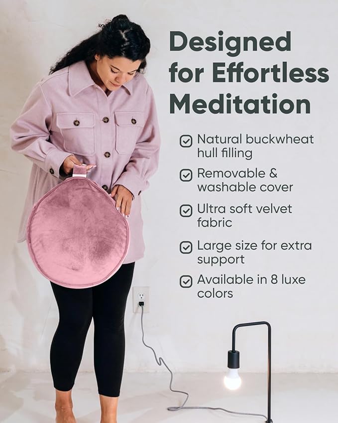 Mindful Modern Velvet Meditation Cushion | Luxe Zafu Yoga Floor Pillow Seat | Posture Support | Buckwheat Hull Filled | Large Round Cushion with Removable Washable Cover + Carry Handle