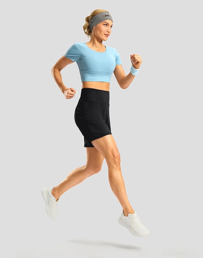 Women's Athletic Shorts with Zipper Pocket 7" High Waisted Stretchy Bermuda Shorts for Women Workout Running Casual