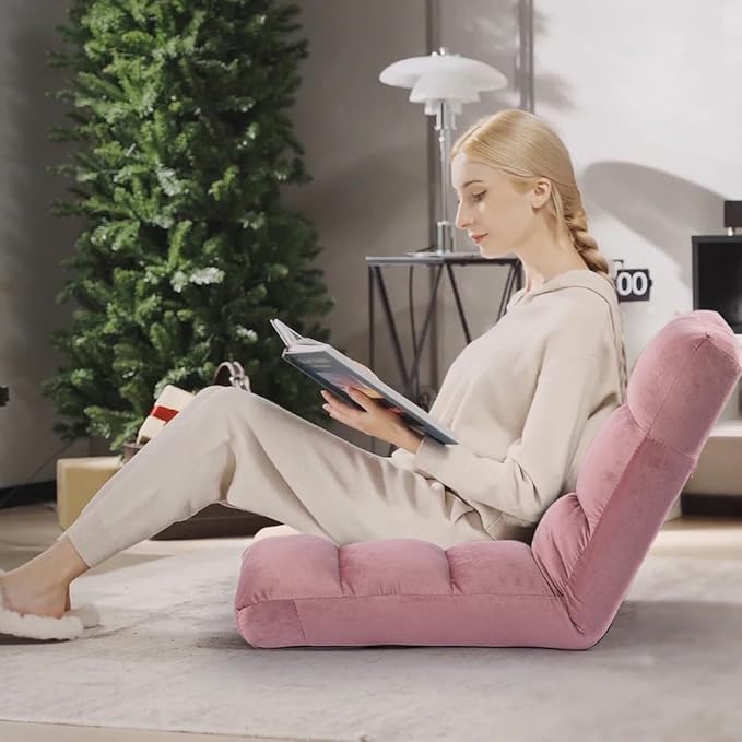 HOMYEDAMIC Floor Chair, 24 inches Wide Oversized Velvet Armless Lay Flat Floor seat Padded Meditation Chair with 6 Adjustable Position Ergonomic Comfortable Convenient(LRSF-008-PINK)