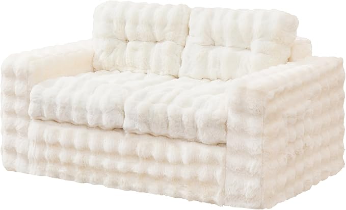 Hobestluk Sofa Couch Loveseat Sofa with Bubble Fabric 2-Seater Sofa for Small Spaces Comfortable Foam Floor Sofa 2 in 1 Boneless Couch for Living Room Bedroom Apartment or Office (White, Loveseat)