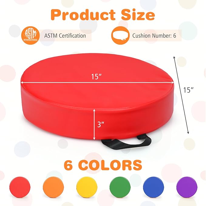 DORTALA 6 PCS Round Flexible Seating Floor Cushions, PU + EPE Portable Classroom Cushion w/Handles, Stackable Seating Cushions for Classroom, Daycare, Preschool (Red)