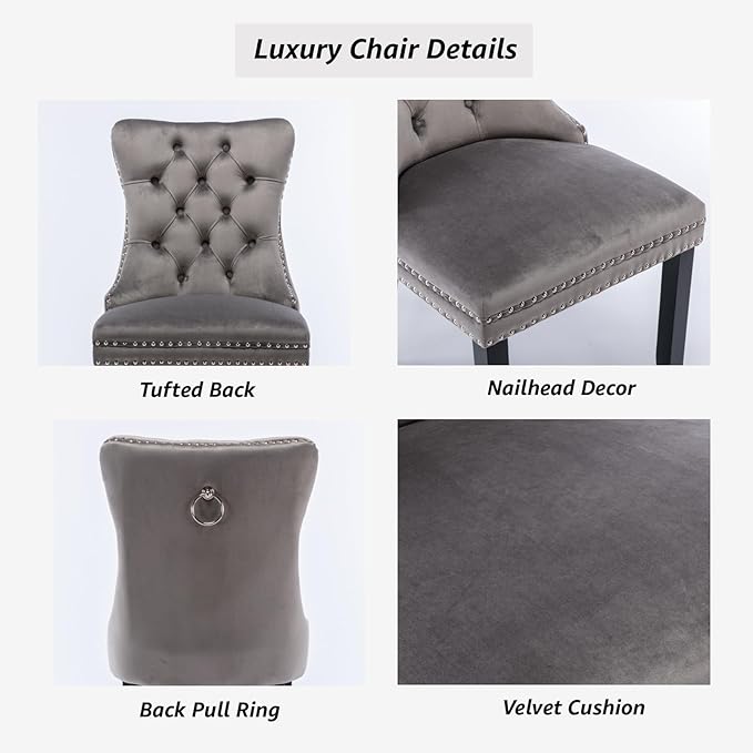 YeahFurn Grey Mid Century Modern Dining Chairs Set of 2, Velvet Upholstered Kitchen & Dining Room Chairs with Nailhead Trim & Solid Wood Legs, Elegant Sillas De Comedor (Grey, 2 Pcs)