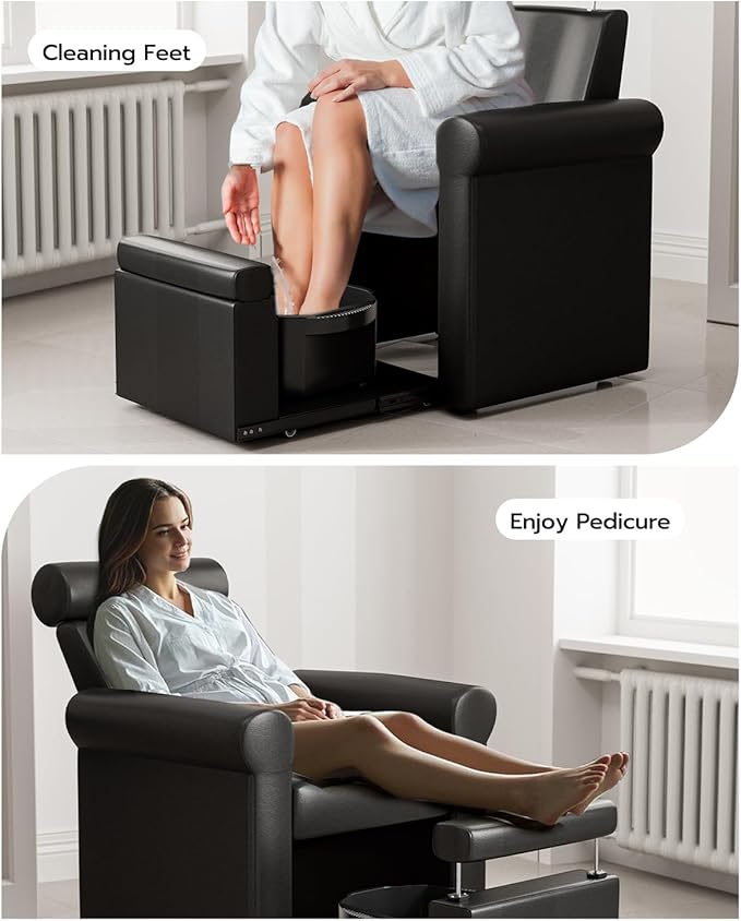 VARONXE Pedicure Chair No Plumbing, Professional Reclining Pedicure Station for Nail Tech, Foot Spa Unit w/Adjustable Footrest & Headrest, Pull-Out Base for Small Space, Black