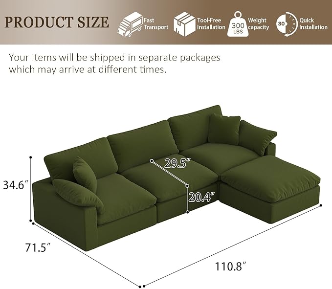 Forest aesthetics Modular Sectional Sofa Cloud Couch,Down Filled Comfy Cloud Modern Sofa,Green Linen L Shape Oversized Couch Cushion Covers Removable Furniture for Living Room