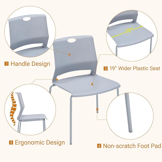 Sidanli Waiting Room Chairs Set of 4, Grey Stack Chairs with Back, Stacking Chairs with Metal Legs