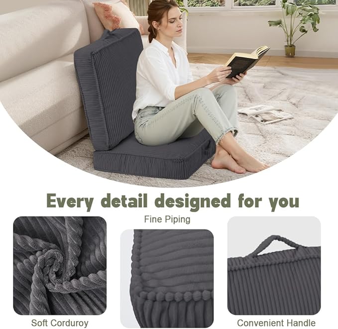 PRIMEPATIO Floor Pillow for Adults, 4" Square Floor Cushions with Washable Cover, Large Corduroy Meditation Pillow, 24 inches Tatami Seat with Handle for Living Room or Yoga, Dark Grey