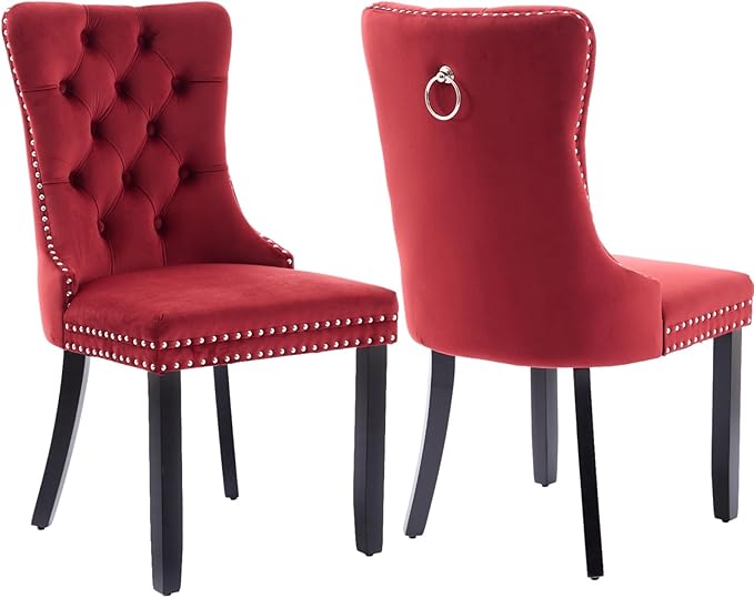 YeahFurn Mid Century Modern Dining Chairs Set of 2, Velvet Upholstered Kitchen & Dining Room Chairs with Nailhead Trim & Solid Wood Legs, Tufted Kitchen Chairs, Elegant Sillas De Comedor (Red, 2 Pcs)