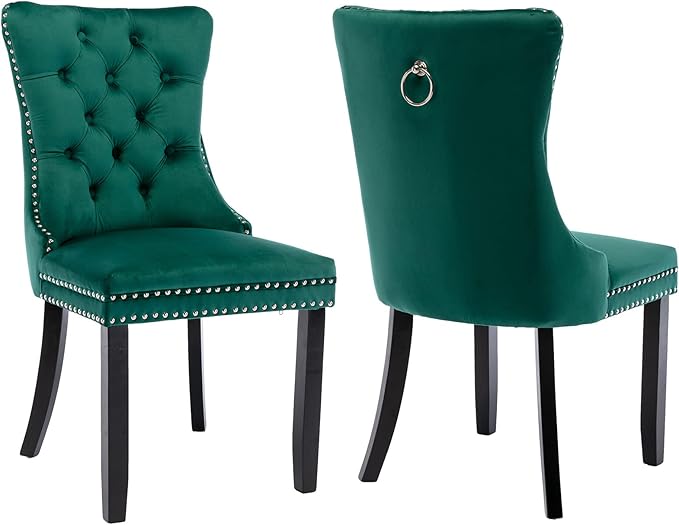 YeahFurn Green Mid Century Modern Dining Chairs Set of 2, Velvet Upholstered Kitchen & Dining Room Chairs with Nailhead Trim & Solid Wood Legs, Elegant Sillas De Comedor (Green, 2 Pcs)