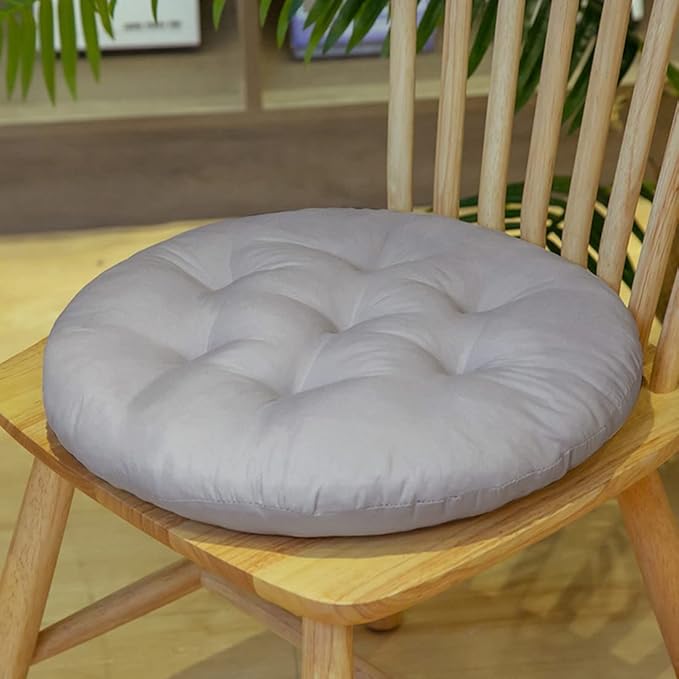 16 Inch Round Chair Seat Pad Thick Tatami Plaid Style Comfortable Floor Seat Cushion Soft Chair Mat for Office Bedroom Living Room Kitchen, Light Grey