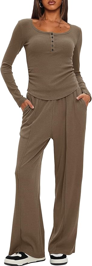 Darong Womens 2 Piece Matching Lounge Sets 2026 Long Sleeve Henley Shirts Wide Leg Pants Airport Travel Outfits