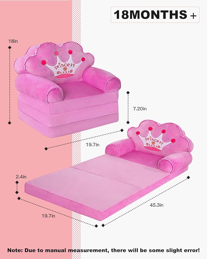 MOONBEEKI Kids Couch Fold Out, Foldable Princess Chair for Toddlers 1-3, Kids Furniture for Playroom, Gift for Birthday Christmas and Halloween, Purple