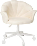 FLEXISPOT Makeup Vanity Chair with Back Velvet Armless Home Office Desk Chairs with Wheels, Cute Flower Modern Accent Chair for Girls Women Living Room Bedroom Vanity Study Small Space, White