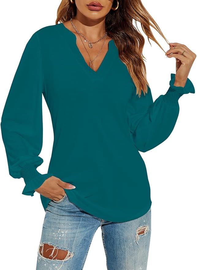 Romanstii Women's Casual V-Neck T-Shirts Loose Puff Long Sleeve Tops Tunic Blouses