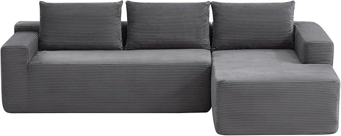 96 Inch Cloud Sectional Couch,Modern Modular Sectional Sofa with Deep Seat,Corduroy Boneless Couches with L-Shape Chaise for Living Room Bedroom,No Assembly Required (Grey, Right Facing Chaise)