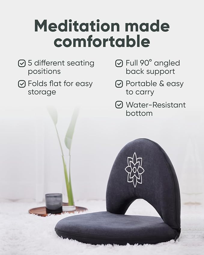 Mindful Modern Meditation Chair | Adjustable Floor Chair with Back Support | Padded Floor Seat for Posture Support and Comfort | Portable Folds Flat for Storage | Indoor/Outdoor Use | Stone Black