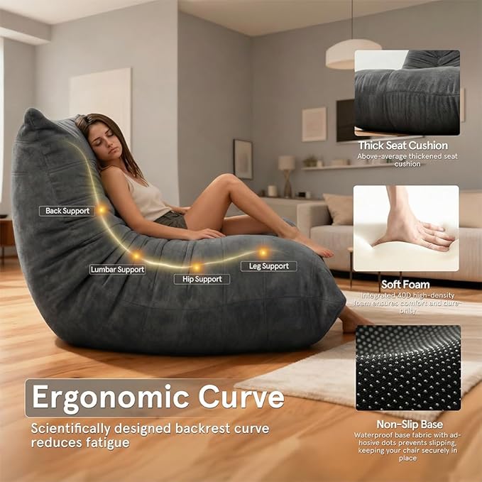 Sytopia Loveseat Bean Bag Chair, Oversized Reading Chair for Adults Ultra-Comfy, Corner Floor Sofa 40D Foam, Togo Sofa Furniture for Living Room Bedroom Gaming, Black Onyx