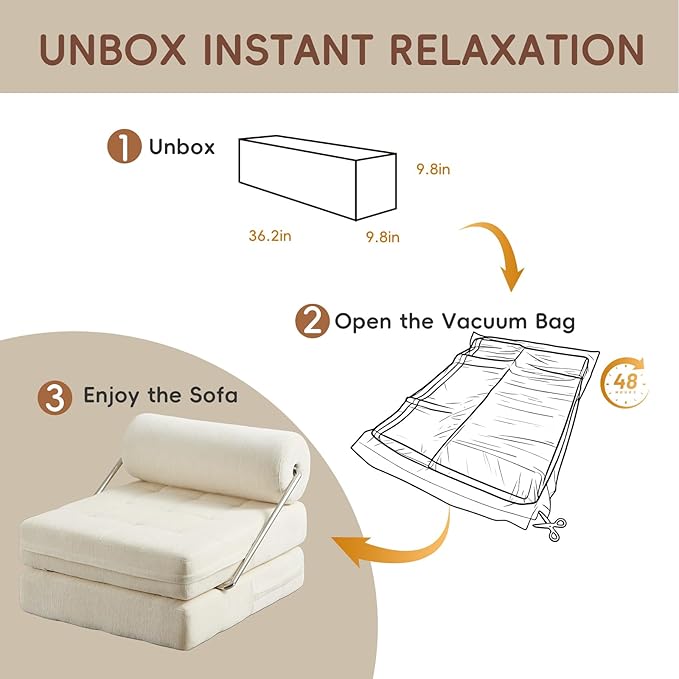 4-in-1 Folding Sofa Bed, Easy Assembly Chenille Boneless Couch, Convertible Sleeper Chair with Back Support, Small Floor Futon Sofa for Living Room & Bedroom, Single(Beige)