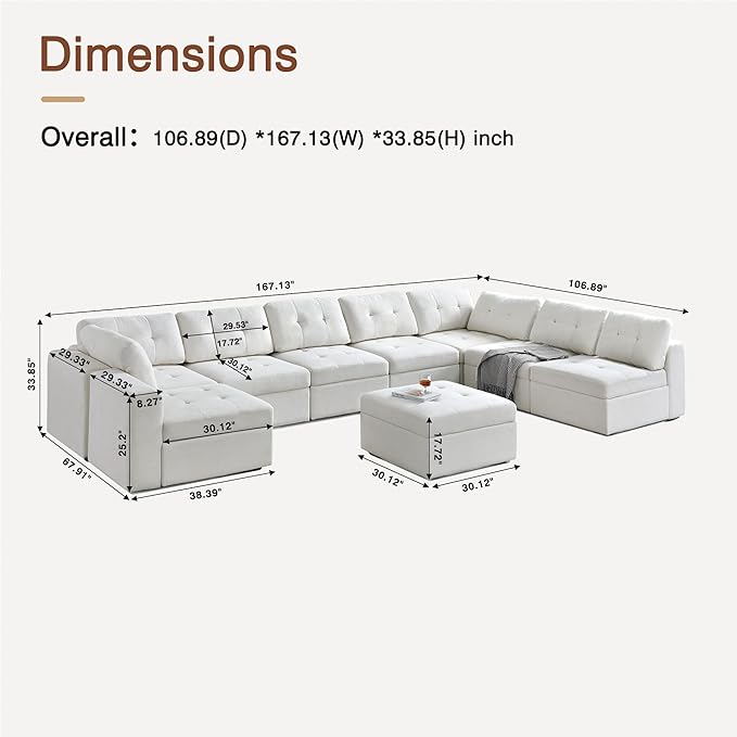 ORRD Oversize Modular Sectional Couch, Convertible U Shaped Sofa with Storage, 9 Seater Sofa Modular with Ottomans and Reversible Chaise for Living Room, Office (Beige White)