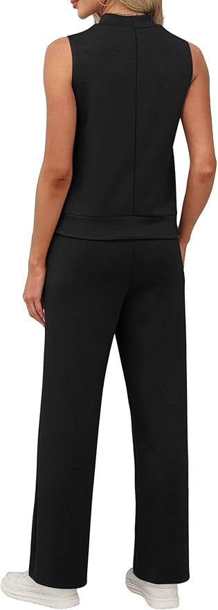 XIEERDUO Two Piece Sets for Women Summer Outfits Travel Mock Neck Lounge Sets Wide Leg Pants Beach Vacation Clothes