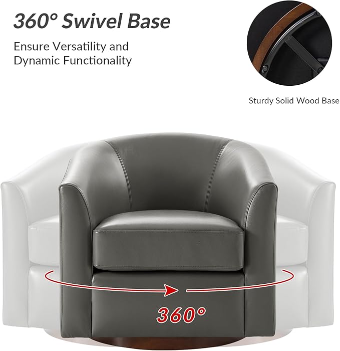 HULALA HOME Genuine Leather Swivel Accent Chairs Set of 2 with Solid Wood Base, Round Swivel Barrel Chairs for Living Room and Bedroom, No Assembly Required, Grey