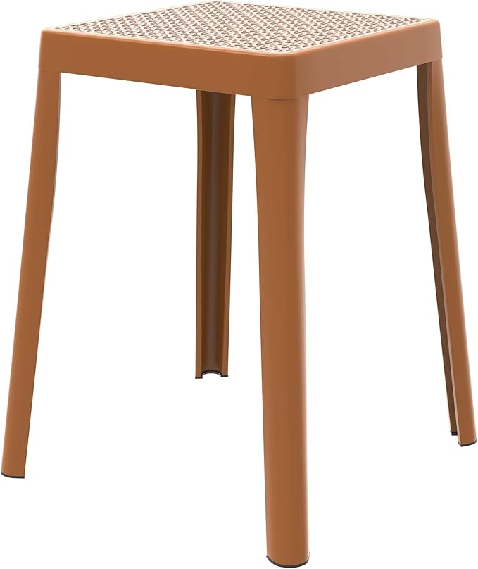 LeisureMod Stackable Square Plastic Dining Stool - Mid-Century Modern Backless Accent Stool with Wicker Top for Kitchen & Dining Room, Yellow