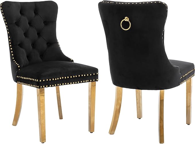YeahFurn Mid Century Modern Dining Chairs Set of 2, Black Velvet Upholstered Tufted Back, Kitchen & Dining Room Chairs, Gold Metal Legs, Nailhead Trim, Sillas para Comedor (Black, 2 Pcs)