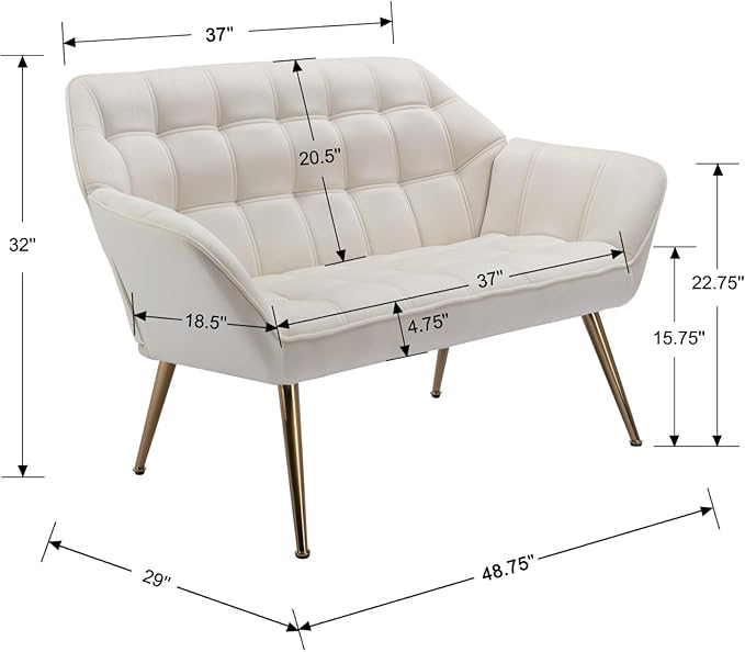 48" Small Loveseat Sofa, Mid Century Modern Velvet Love Seat with Golden Legs 2-Seat Sofa Couch Tufted Wingback Upholstered Sofa Chair for Living Room Bedroom Apartment, Cream