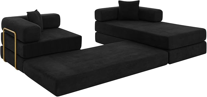 108" Convertible Sleeper Sofa Bed, Corduroy Folding Sofa Bed with Fixed-Shape Frame, Fold Out Floor Mattress Couch, Lazy Compression Sofas for Living Room, Bedroom, No Assembly Required,Black
