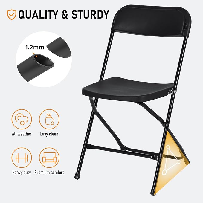 100 Pack Black Plastic Folding Chair for Indoor Outdoor, 350 lb Capacity, Foldable Commercial Stacking Chairs with Steel Frame for Office Wedding Party Events