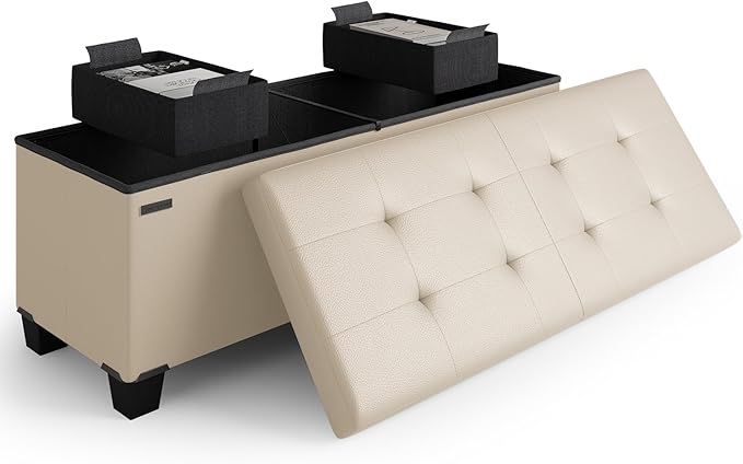 Storage Ottoman Bench with Bins, 43-in Storage Bench for Bedroom End of Bed, Folding Foot Rest Ottoman for Living Room Max 660lbs, Faux Leather Ottomans, Beige