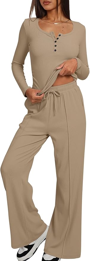 Darong Womens 2 Piece Matching Lounge Sets 2026 Long Sleeve Henley Shirts Wide Leg Pants Airport Travel Outfits