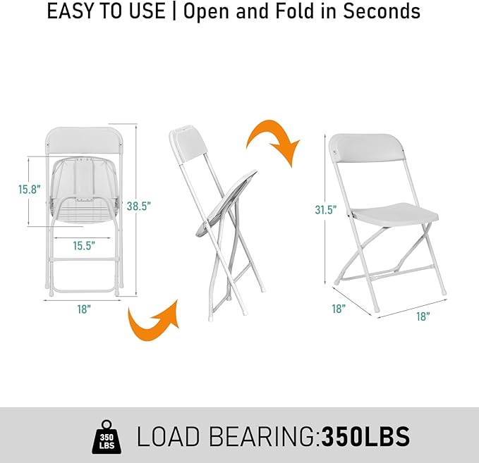 10 Pack White Plastic Folding Chair, Indoor Outdoor Portable Stackable Commercial Seat with Steel Frame 350lb. Capacity for Events Office Wedding Party Picnic Kitchen Dining
