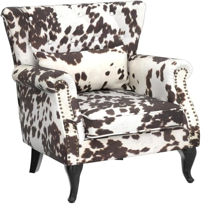 LZAREAL Accent Reading Arm Chairs for Living Room Bedroom, Midcentury Modern Comfy Corner Sofa Chair, Wingback Waiting Room Club Chair with Button Tufted Back &Lumbar Pillow, Fabric Cow