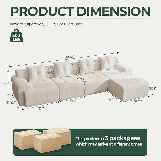 YAAREE 129.23”Modular Sectional Couch for Living Room, Modren L-Shape Cloud Sectional 4-Seater Sofa with 2 Movable Ottomans, Woven Texture Upholstery Boneless Couch, No Assembly, Beige