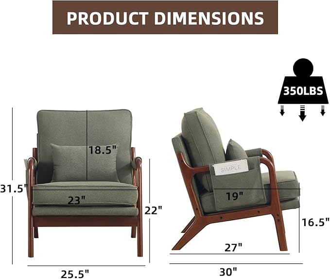 CANMOV Mid Century Modern Accent Chair with Extra Side Storage Pocket Upholstered Reading Armchair with Waist Cushion, Accent Chair for Living Room Bedroom, Easy Assembly, Green