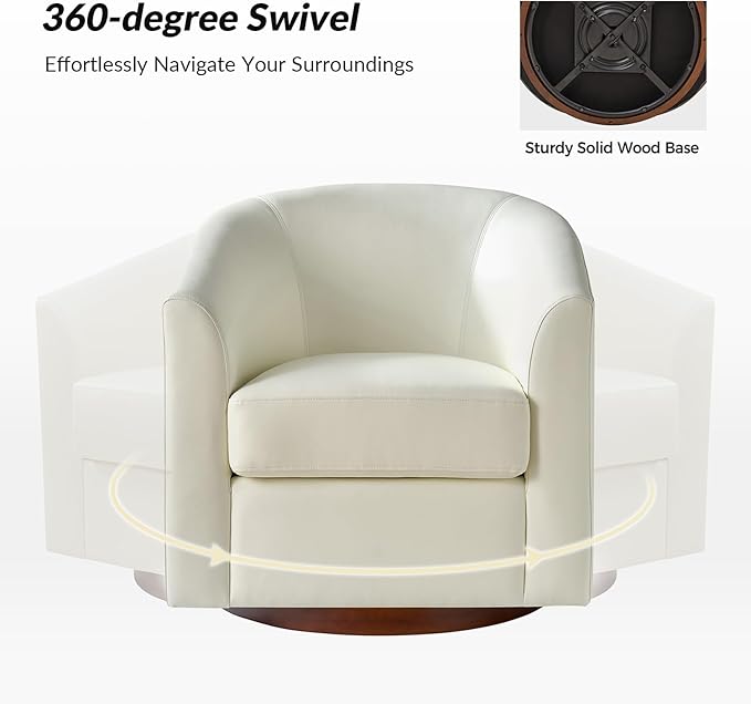HULALA HOME Faux Leather Swivel Accent Chairs Set of 2 with Solid Wood Base, Round Swivel Barrel Chairs for Living Room and Bedroom, White