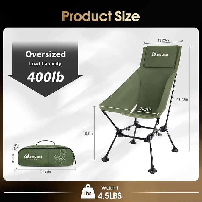 MOON LENCE Oversized High Back Camping Chair for Adults, Height Adjustable Folding Camping Chair with 400 lbs Capacity, Hidden Pillow Pocket and Wide Seat for Camping, Hiking, Picnics, Green