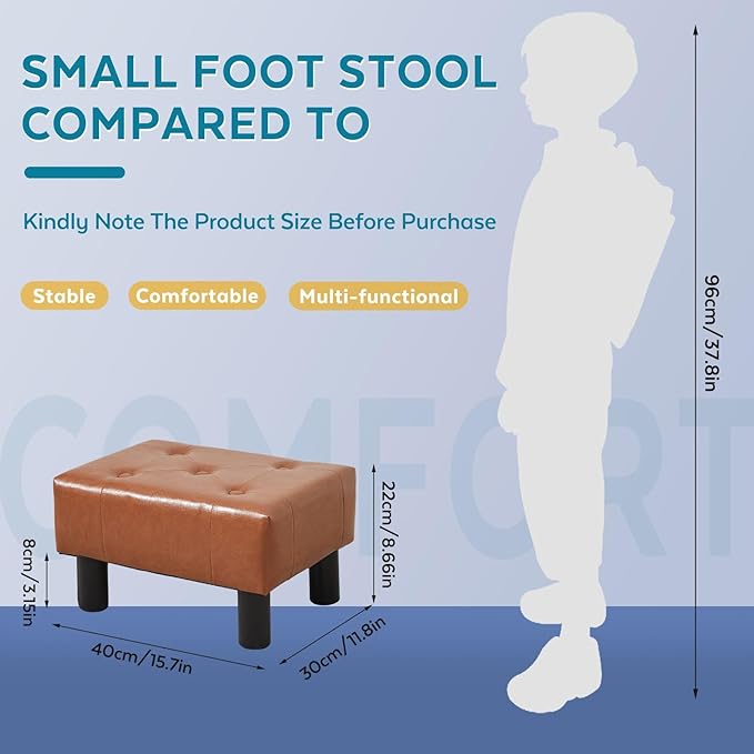 FIMIVIBI Small Foot Stool Ottoman, Faux Leather Footstool Ottoman Foot Rest for Couch, Rectangle Footstools and Ottomans Small for Living Room, Entryway and Bedroom (Bright Brown)