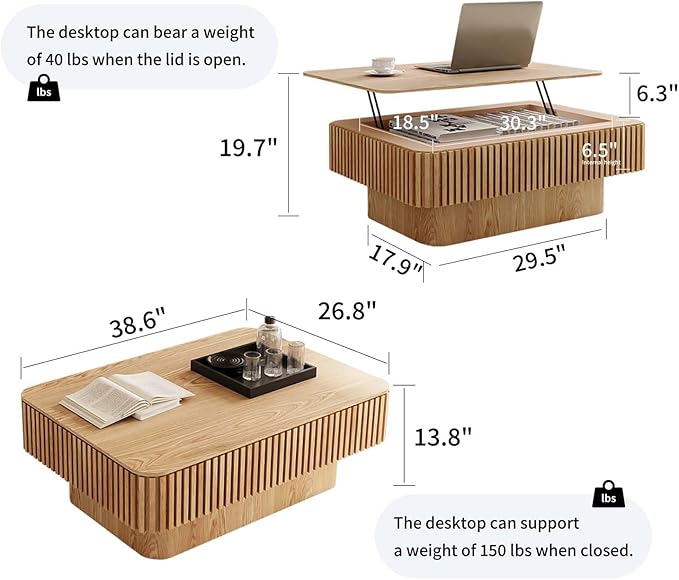 FGXJY Lift Coffee Table with Storage & Adjustable Height, Solid Wood Coffee Table Fluted Center Table Accent Tea Table or Living Room, Apartment, Office (38.6" Natural)