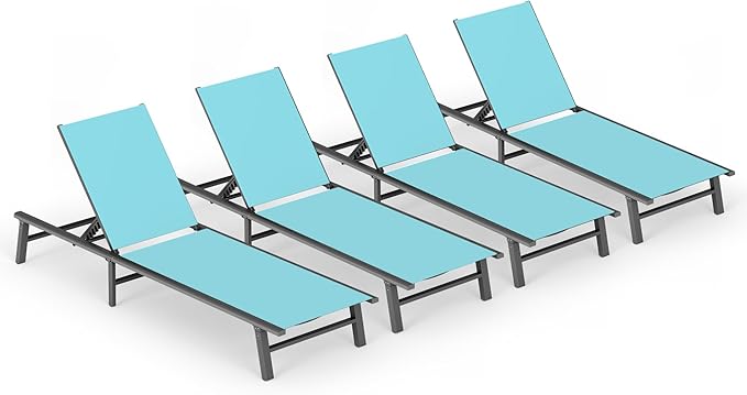 Ciokea Aluminum Outdoor Lounge Chair Set of 4- No Assembly Needed, Foldable Patio Chaise Lounge with 5 Adjustable Positions, Reinforced Frame for Extra Durability, Pool Beach Lounge Chair,Lake Blue