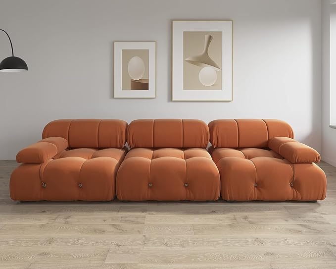JACH Convertible Modular Sectional Couch, 104" Minimalist Mid-Century Velvet Sofas, Modern Comfy Deep 3-Seat Couches Sectional for Living Room Office Apartment (Orange)