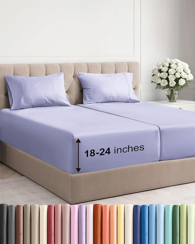 Extra Deep Pocket Split King Sheets - 5 Piece Breathable & Cooling Bed Sheets - Hotel Luxury Sheet Set - Soft, Wrinkle Free & Comfy - Easily Fits Extra Deep Mattresses - Deep Pocket Lavender Sheets