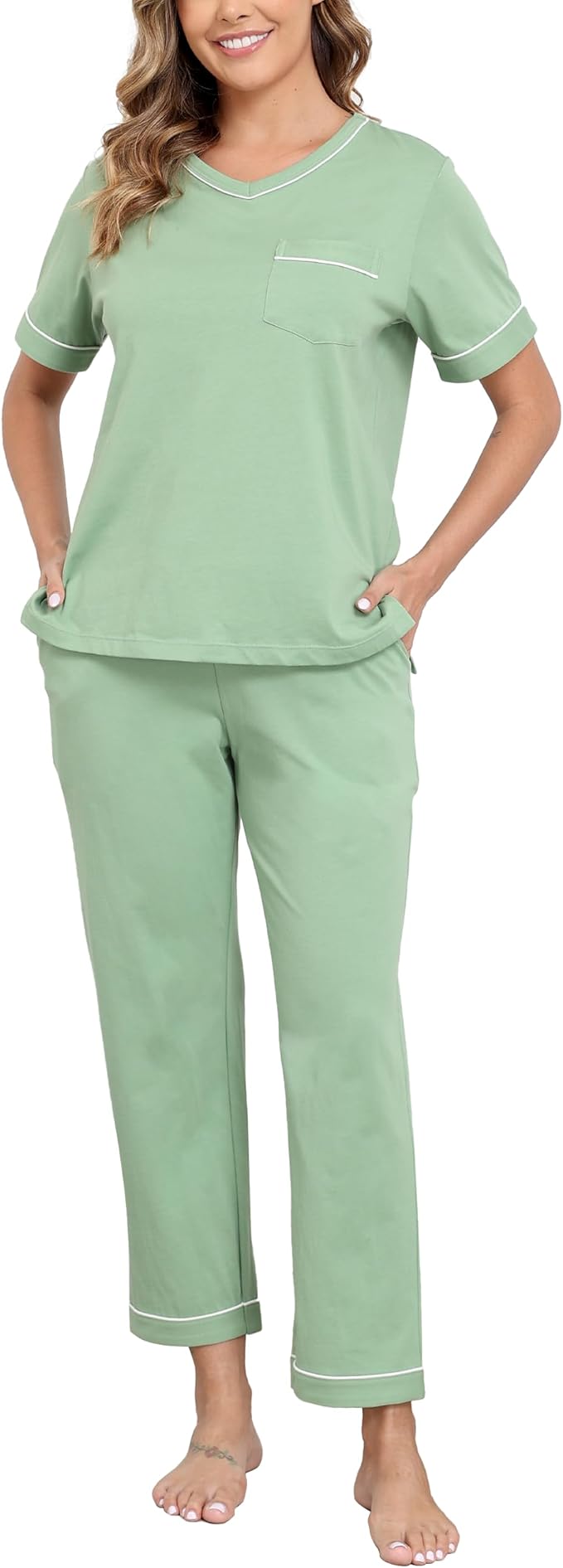 CF Women's 100% Cotton Pajama Sets Soft Short Sleeve Tops & Pants Comfy Sleepwear 2 Piece Lounge set with Pockets Loungewear